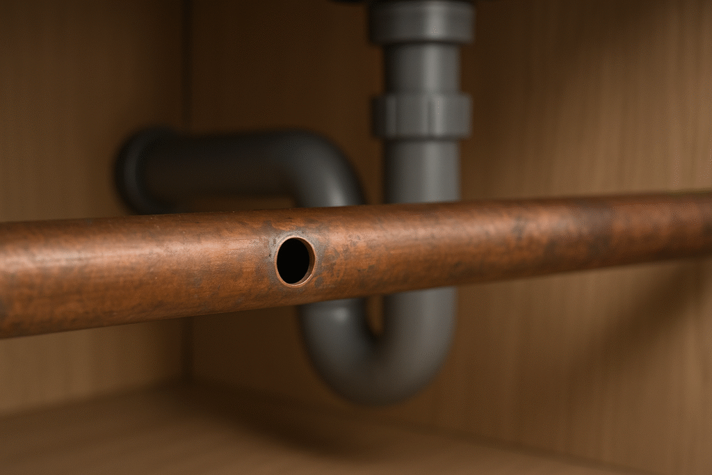 Tuyau cuivre sous évier avec trou net à boucher : contexte réel pour boucher trou robinet autoperceur