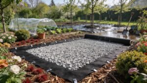 Vue jardin aménagé géotextile gravier paillage naturel drainage éco-responsable alternatives feutre extérieur réaliste