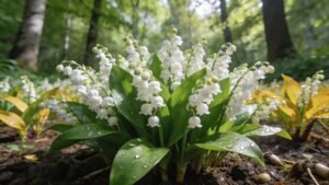 Photographie réaliste en format 16:9 optimisée pour WordPress d'un massif de muguet (Convallaria majalis) en abondante floraison au printemps, dans un sous-bois ombragé naturel avec sol frais humifère bien drainé enrichi de compost. Au centre, touffes vigoureuses de feuilles vertes larges et brillantes entourant grappes délicates de clochettes blanches parfumées pendantes, rhizomes plantés à 5-8 cm de profondeur sans paillage excessif. Arrière-plan : lumière filtrée douce à travers canopée d'arbres, humidité idéale sans excès d'eau évitant pourriture racinaire, absence de maladies fongiques comme botrytis. Éléments culturels : division récente des touffes denses pour meilleure aération, fertilisation équilibrée sans azote excessif favorisant fleurs plutôt que feuillage, feuilles intactes post-floraison pour nutriments. Ambiance renouveau printanier symbolique du 1er mai, jardinier observant sainement, contraste avec plants non fleuris en sol sec ou ensoleillé trop fort. Haute définition photoréaliste, couleurs vives vert-blanc, gouttes rosée, texture sol humide, composition équilibrée pour header engageant sur jardinage.