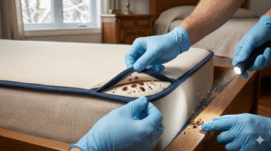 Photographie professionnelle en haute résolution montrant l'inspection minutieuse d'une couture de matelas. Une personne portant des gants jetables et une lampe frontale focused soulève un ourlet de matelas en tissu beige clair pour révéler un petit cluster de punaises de lit brunes vivantes et quelques mues de couleur crème. La scène se déroule dans une chambre à coucher québécoise soignée, avec un cadre de lit en bois et, en arrière-plan flou, une fenêtre donnant sur des arbres enneigés sous un ciel de daylight doux. L'inspection est tactique et précise, se concentrant sur les cachettes cachées.