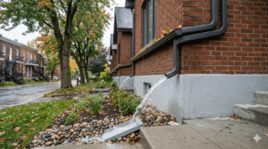 Photographie professionnelle en haute résolution capturant un système de gouttières en aluminium sans soudure de couleur anthracite sur une maison typique de Montréal en briques pendant une averse d'automne. L'image est prise sous un angle légèrement bas, montrant le toit mouillé, la gouttière collectant l'eau et une descente pluviale principale qui rejette efficacement un fort flux d'eau loin de la fondation sur une bloc de protection dans un aménagement paysager de pierres de rivière et de plantes. L'arrière-plan montre une rue résidentielle de Montréal avec d'autres duplex et des arbres aux couleurs d'automne sous un ciel gris et nuageux. L'eau s'écoule correctement sur le terrain incliné, illustrant l'efficacité du drainage.