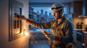 Photographie professionnelle en haute résolution montrant une intervention d'urgence à Montréal lors d'une panne électrique en hiver. Un électricien qualifié, portant un casque avec lampe frontale et des gants isolants, travaille sur un panneau électrique résidentiel ouvert qui émet des étincelles et un arc électrique contrôlé. Il vérifie la tension avec un multimètre tandis que l'autre main tient un disjoncteur principal. Dehors, par la fenêtre, on aperçoit une rue enneigée typique de Montréal avec ses escaliers extérieurs et la silhouette de la ville sous un ciel de soirée sombre et froid. La scène est nette, sécuritaire mais montre l'urgence.